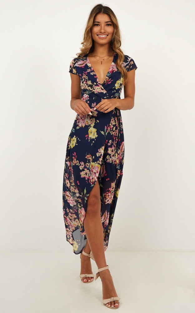 Wrap And Cross Maxi Dress In Navy Floral | Showpo