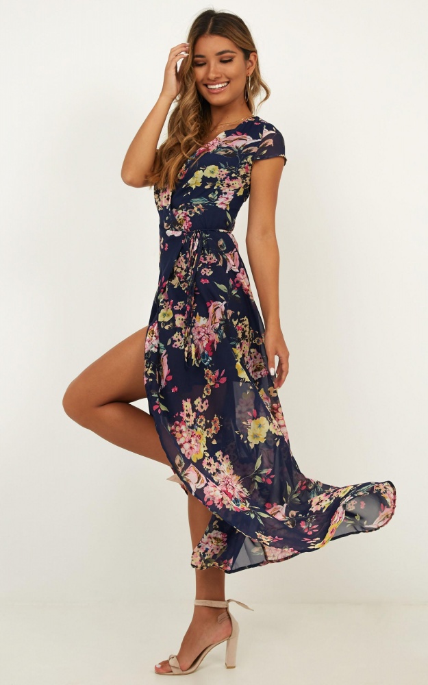 Wrap And Cross Maxi Dress In Navy Floral Showpo