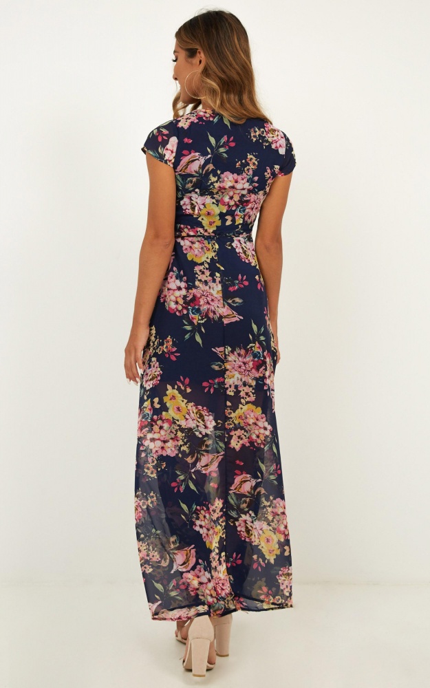 Wrap And Cross Maxi Dress In Navy Floral Showpo